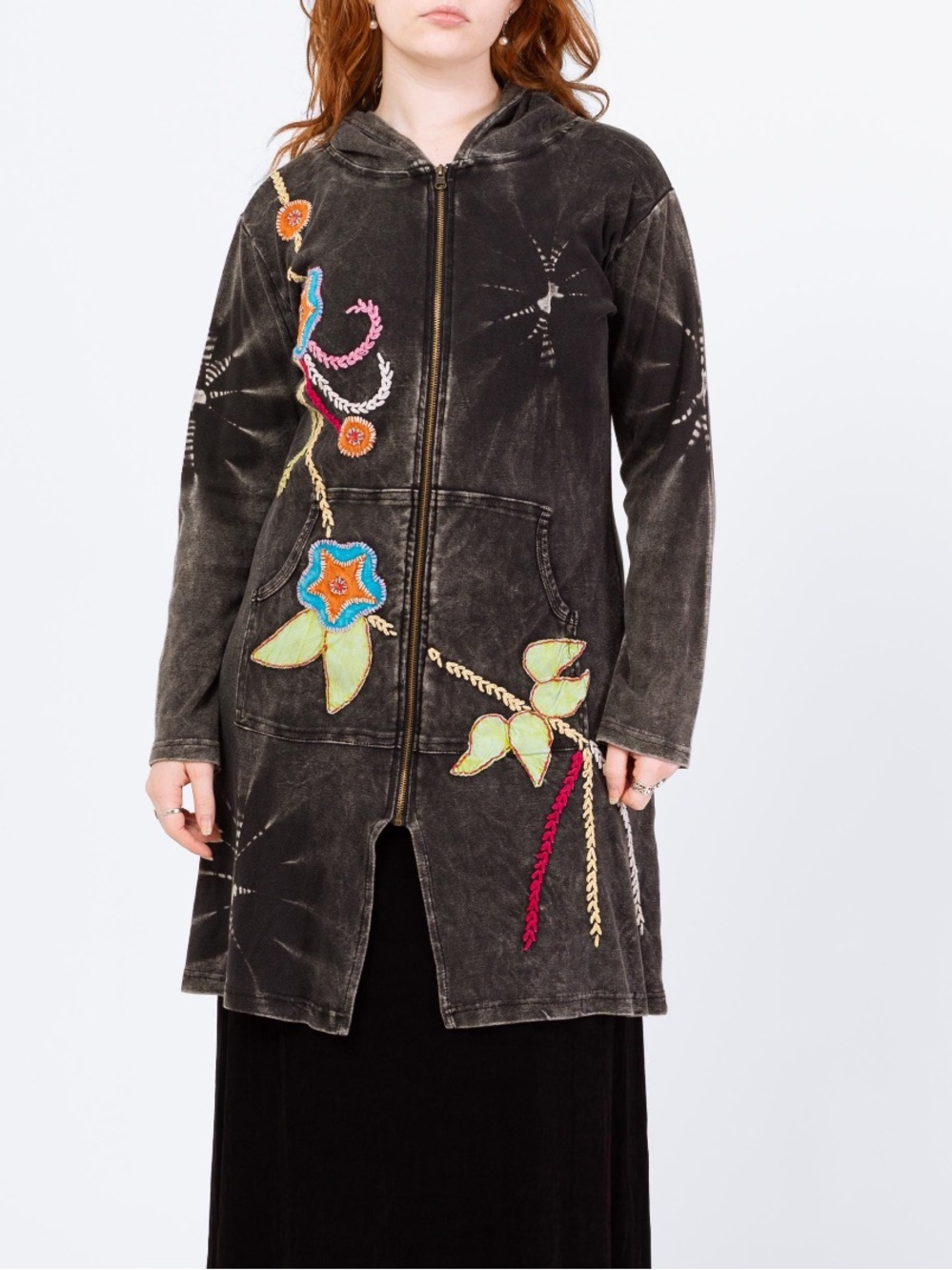 Rising International Black Embroidered Boho Hoodie Jacket Size S Zip Front